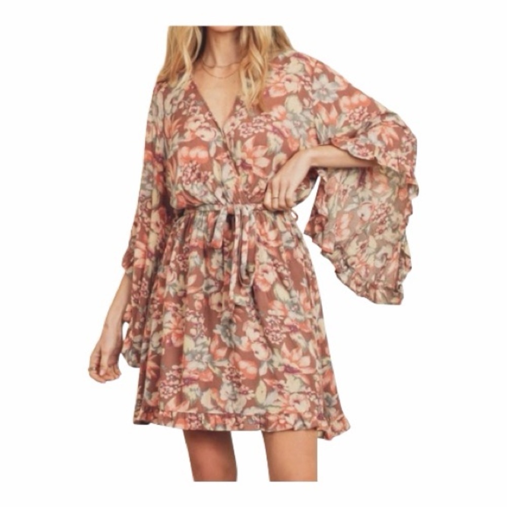 NWT! Dress Forum BOTANICAL RUFFLED KIMONO SLEEVE DRESS IN MAUVE/MULTI Size Small